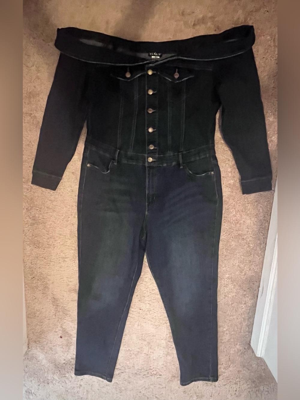 Dark Blue Off-Shoulder Denim Overalls Jumpsuit - Picture 8 of 12